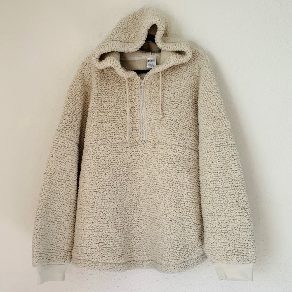 PINK Victorias Secret Cream Teddy Fleece Quarter Zip Hoodie Women L‎ Oversized